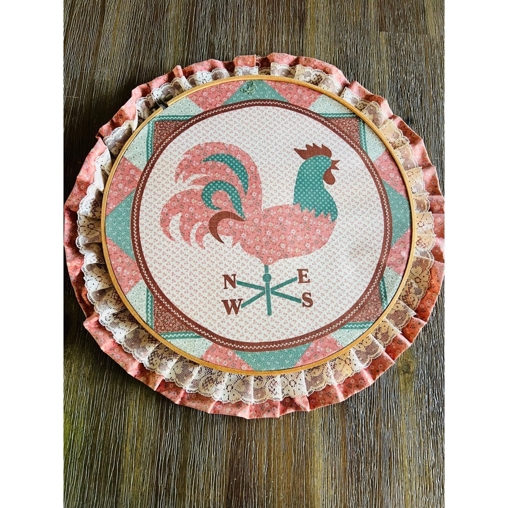 Vintage Rooster Weathervane Fabric Hoop Wall Hanging Country Farmhouse Decor 13"